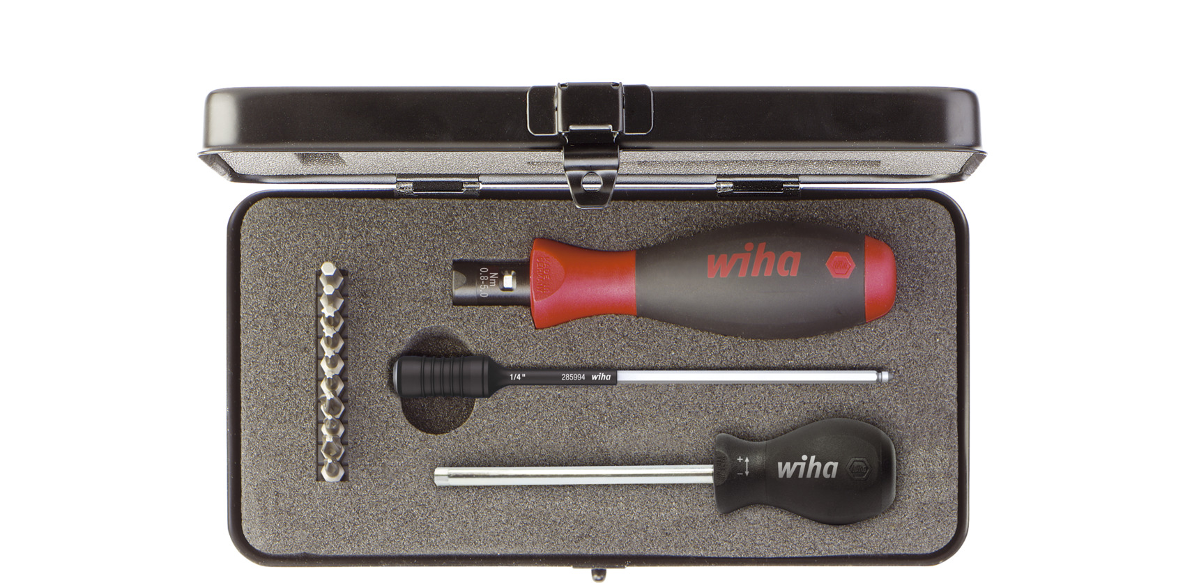 Wiha Sats med vridmomentskruvmejslar TorqueVario®-S 0,8–5,0 Nm blandat, 14 delar variabelt inställbar vridmomentsbegränsning inkl. box (26893)